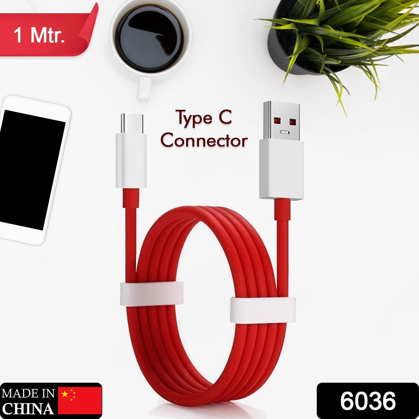 6036 Unique Type C Dash Charging USB Data Cable | Fast Charging Cable | Data Transfer Cable For All C Type Mobile Use 1 Meter ( RED ) DeoDap