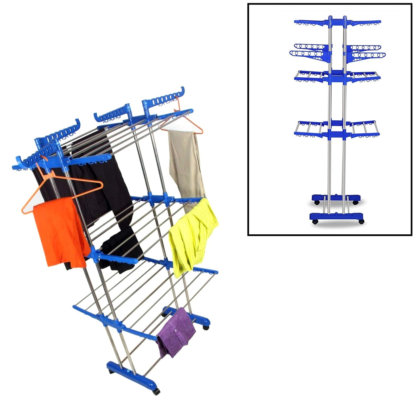 0733B Folding Double Supported 3 Layer Cloth Drying Stand Laundry Dryer Hanger with Breaking Wheels for Balcony Indoor and Outdoor Home, Steel