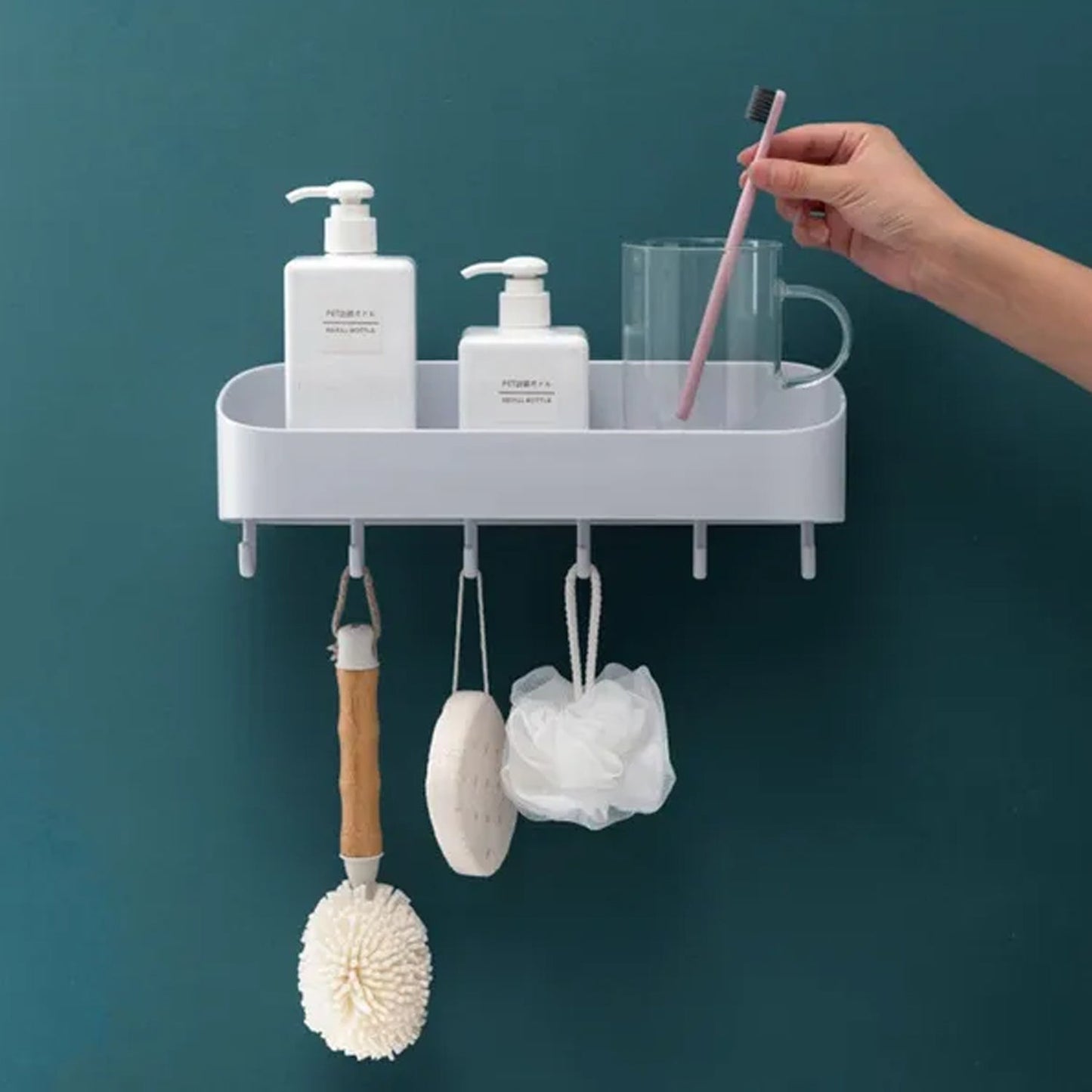 4058A BATHROOM KITCHEN SHELF PLASTIC WALL STORAGE ORGANIZER WITH 6 HOOKS WITHOUT DRILL SELF ADHESIVE AND MAGIC STICKER DeoDap