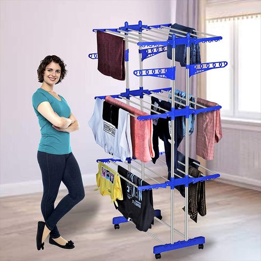 0733B Folding Double Supported 3 Layer Cloth Drying Stand Laundry Dryer Hanger with Breaking Wheels for Balcony Indoor and Outdoor Home, Steel