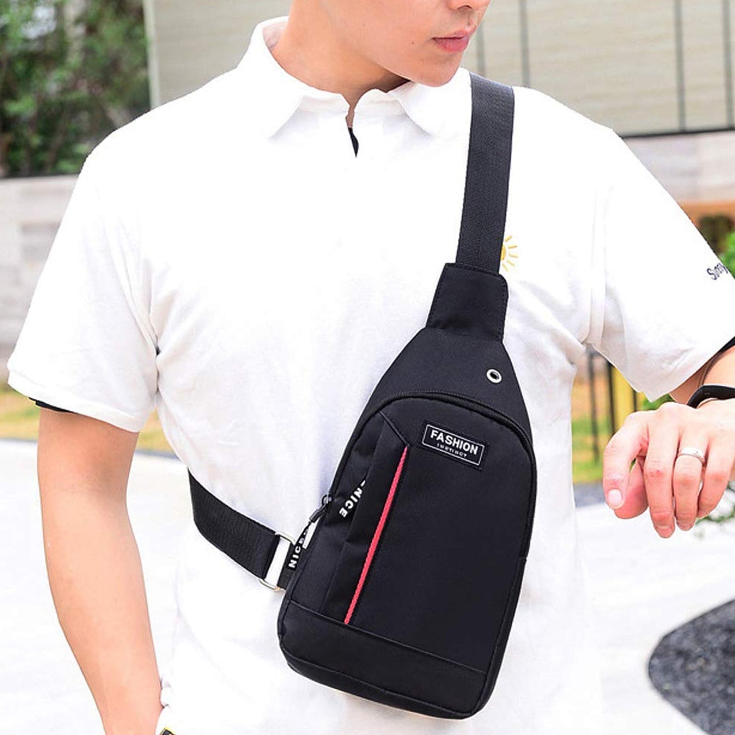 0322 Black Waterproof Anti Theft Crossbody fanny pack waist bag PU Leather Shoulder Bags Chest Men Casual fashion USB Charging earphone hook Sling Travel Messengers Bag DeoDap