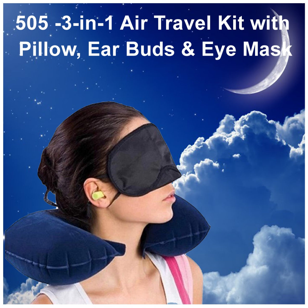 505 -3-in-1 Air Travel Kit with Pillow, Ear Buds & Eye Mask  WITH BZ LOGO