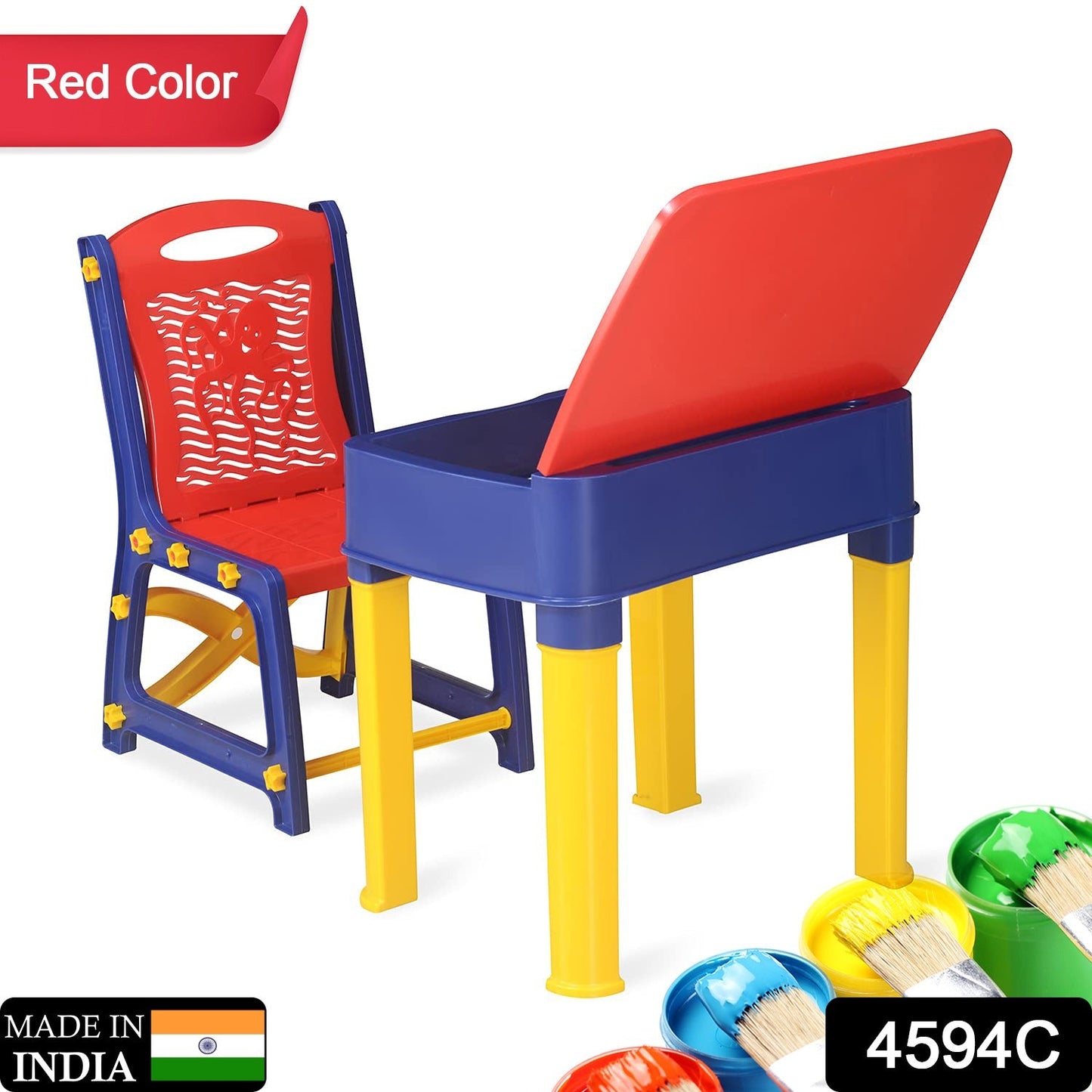 4594C Study Table And Chair Set For Boys And Girls With Small Box Space For Pencils Plastic High Quality Study Table (Red/Blue/Yellow)